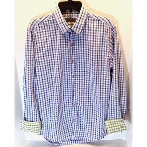 Johnston & Murphy Shirt Men M Blue Check Plaid Slim Fit Button Up Flip Cuff